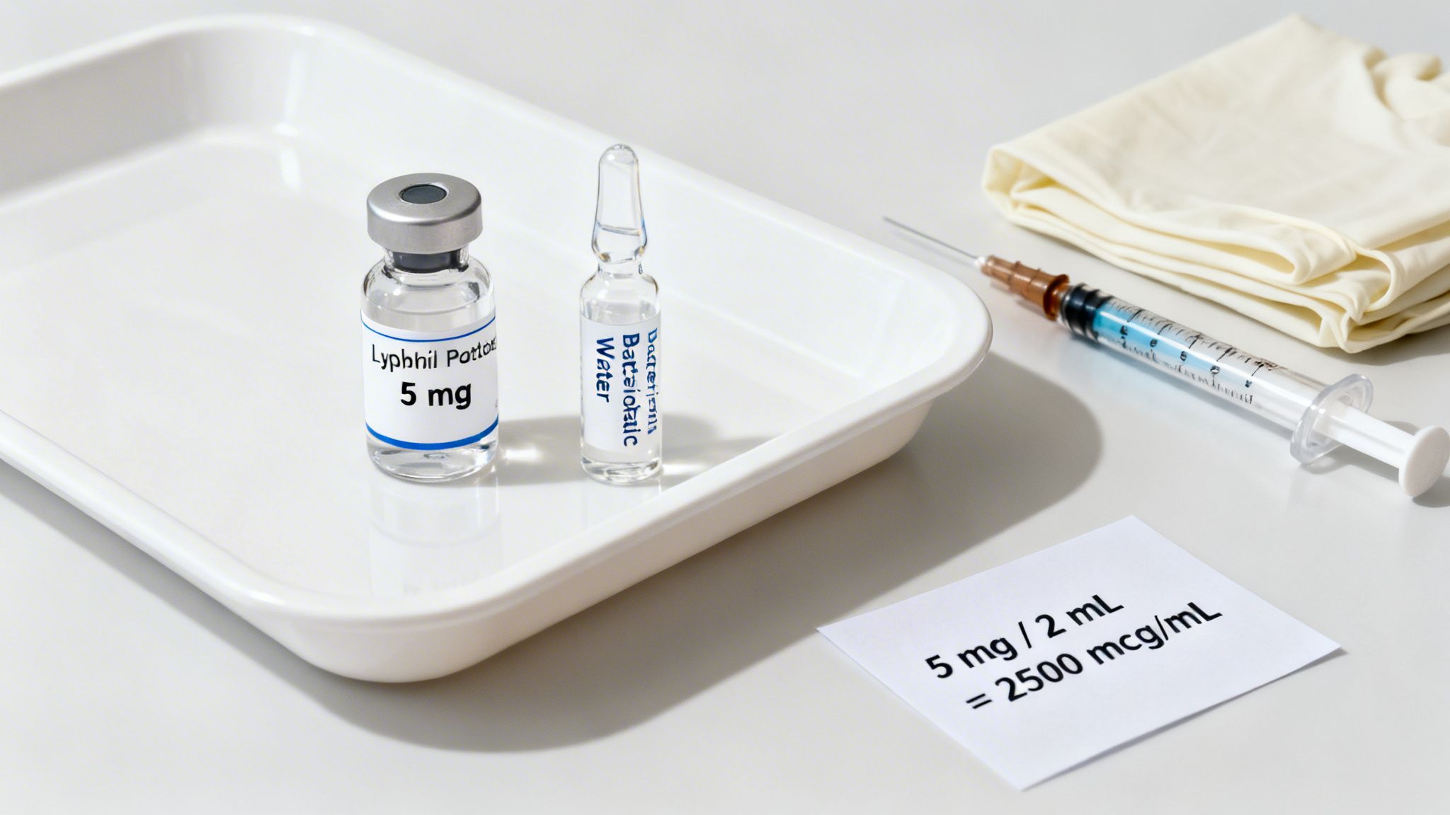 Medical setup for reconstituting a 5mg medication with bacteriostatic water, including syringe and gloves.