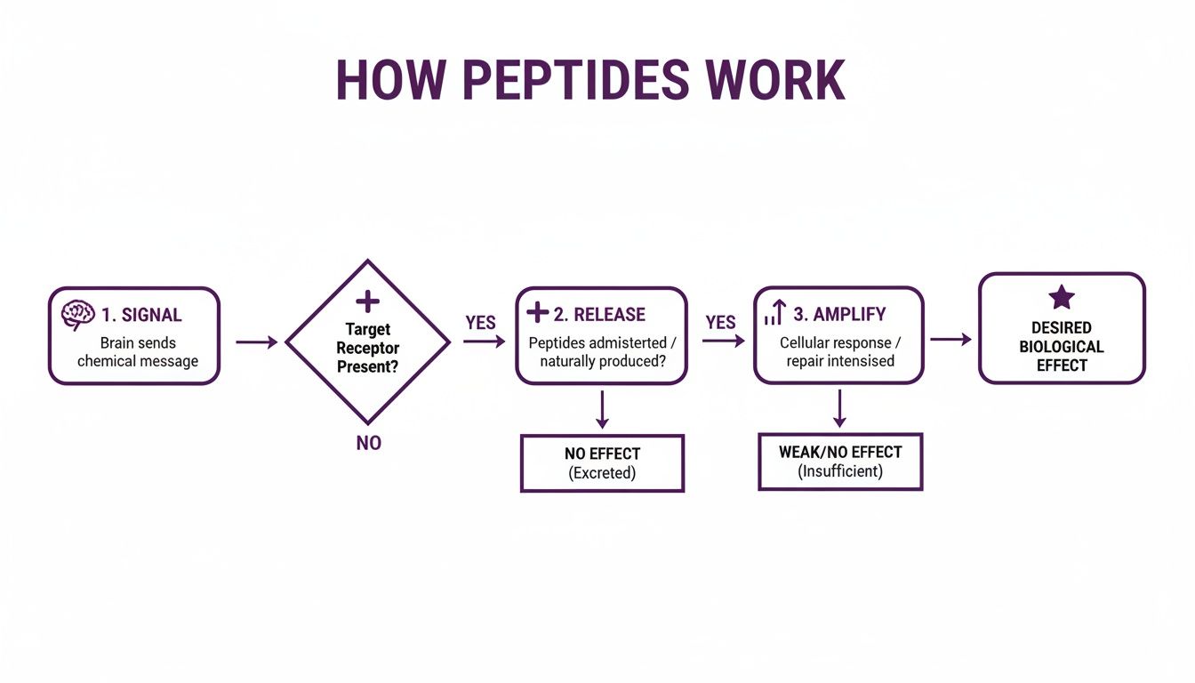 Flowchart illustrating how peptides work, from brain signal and receptor presence to release, amplification, and biological effect.