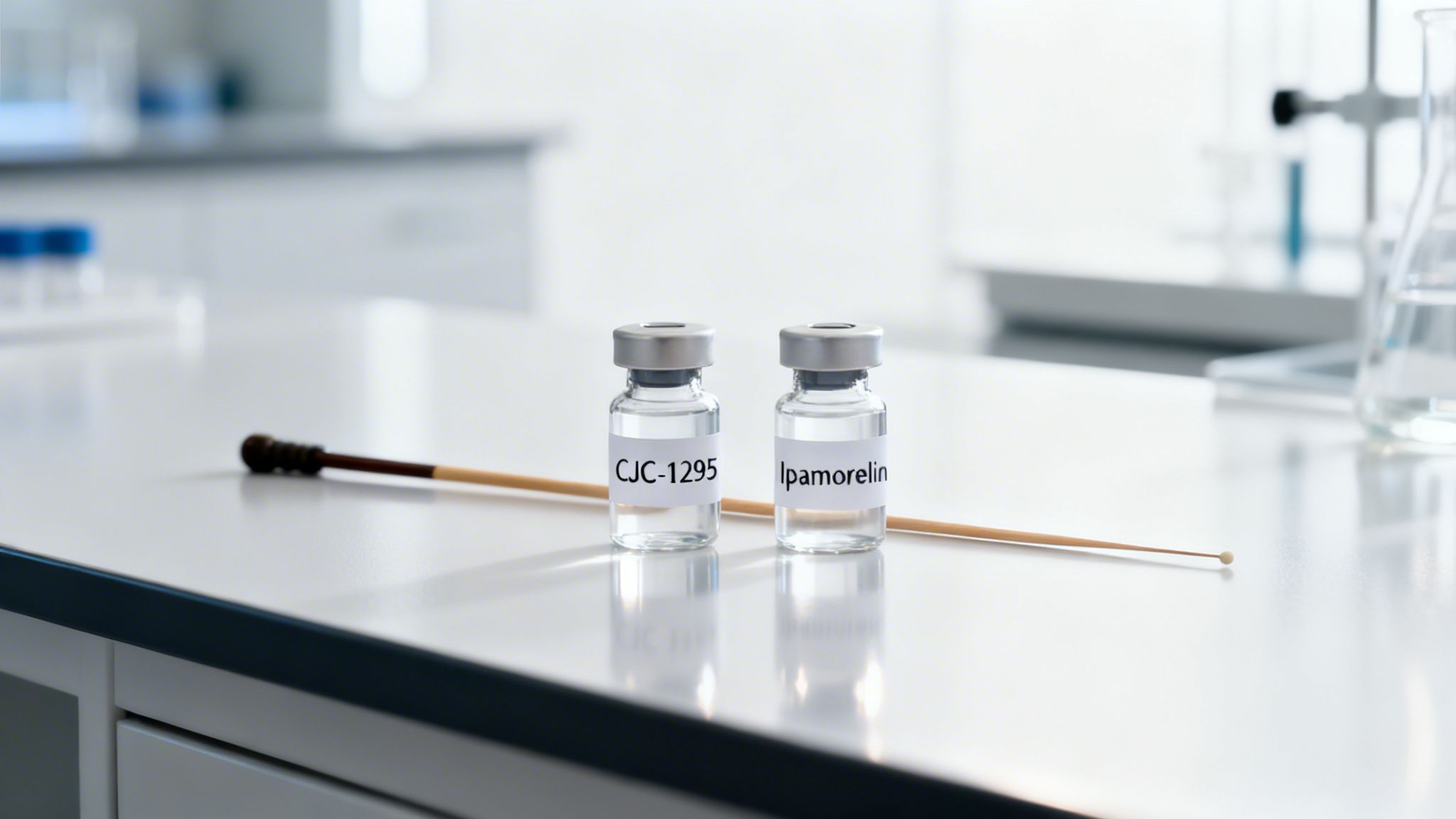 Two clear vials labeled CJC-1295 and Ipamerolin sit on a white lab counter with a stirring rod.