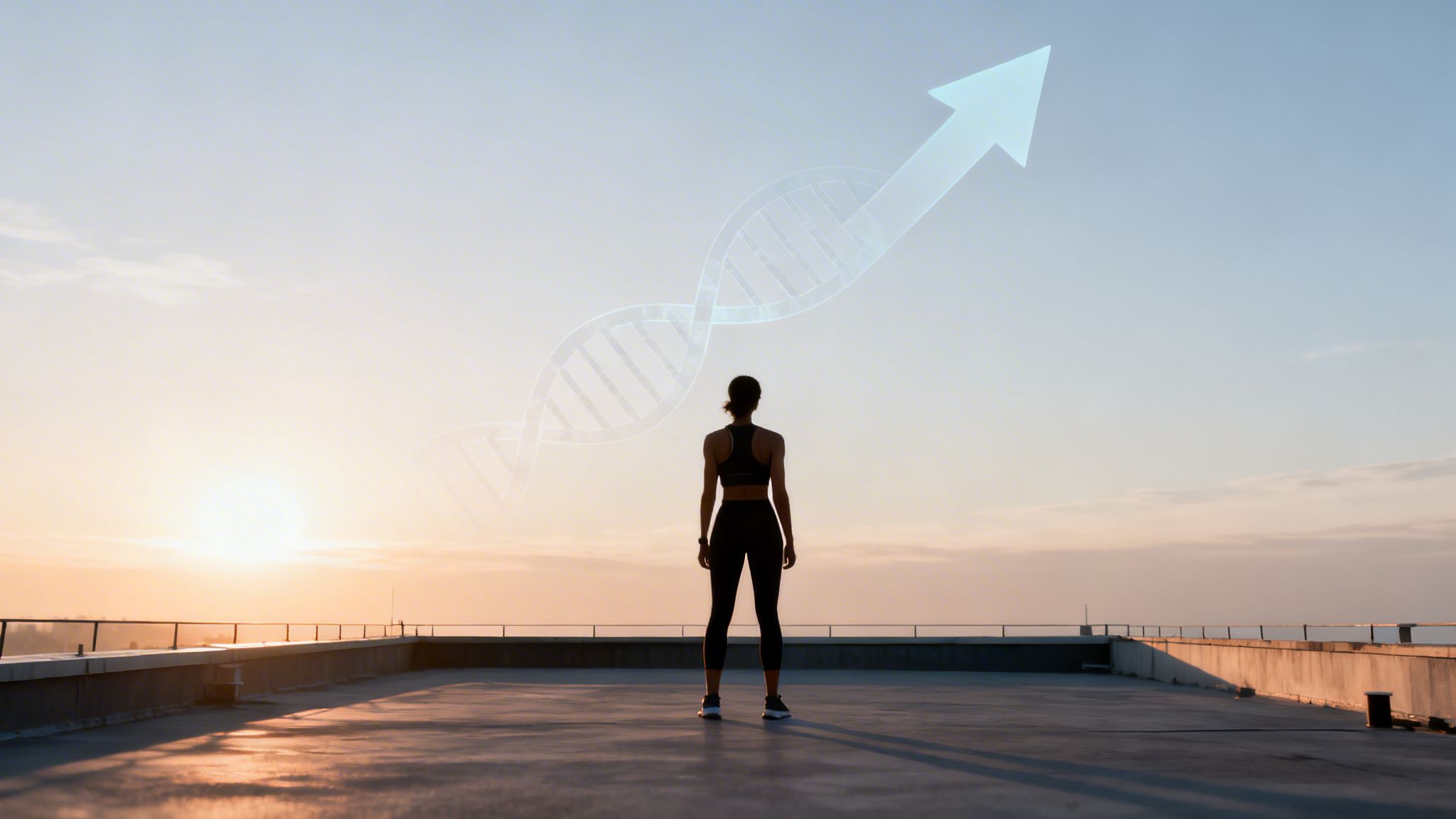 Silhouette of a woman on a rooftop looking at a glowing DNA helix and an upward arrow at sunset.
