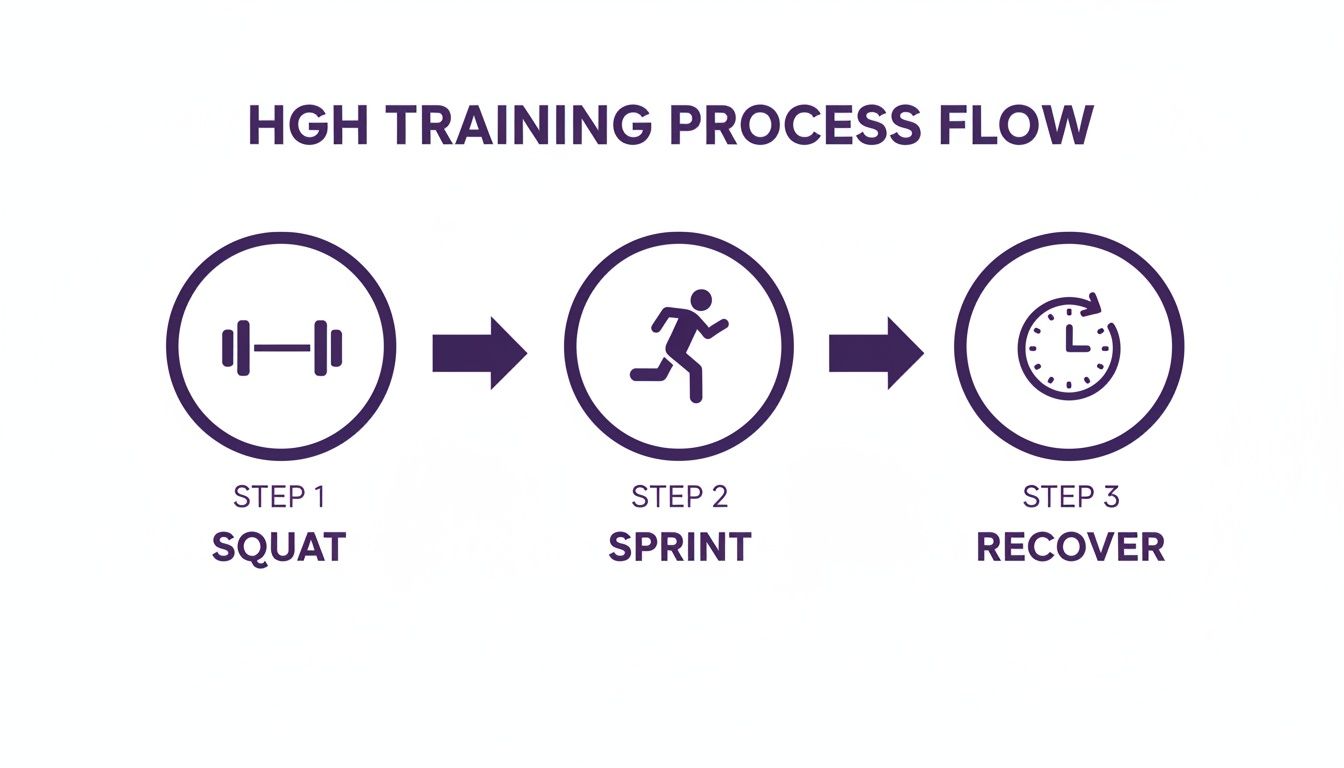 Flowchart showing the HGH training process: Step 1 Squat, Step 2 Sprint, Step 3 Recover.