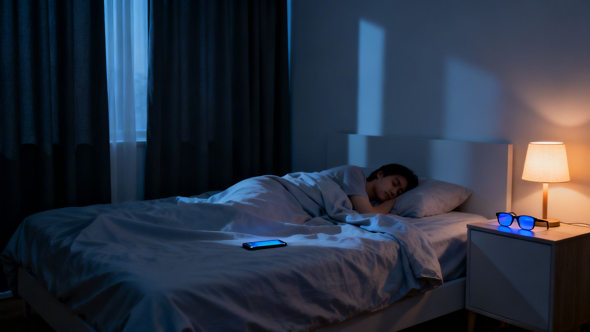 A person sleeps peacefully in a dark bedroom with a glowing phone and lamp.