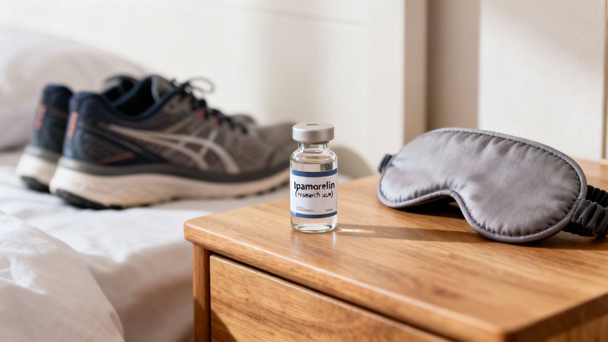 A vial labeled Ipamorelin for research use, a sleep mask, and running shoes on a bedside table.