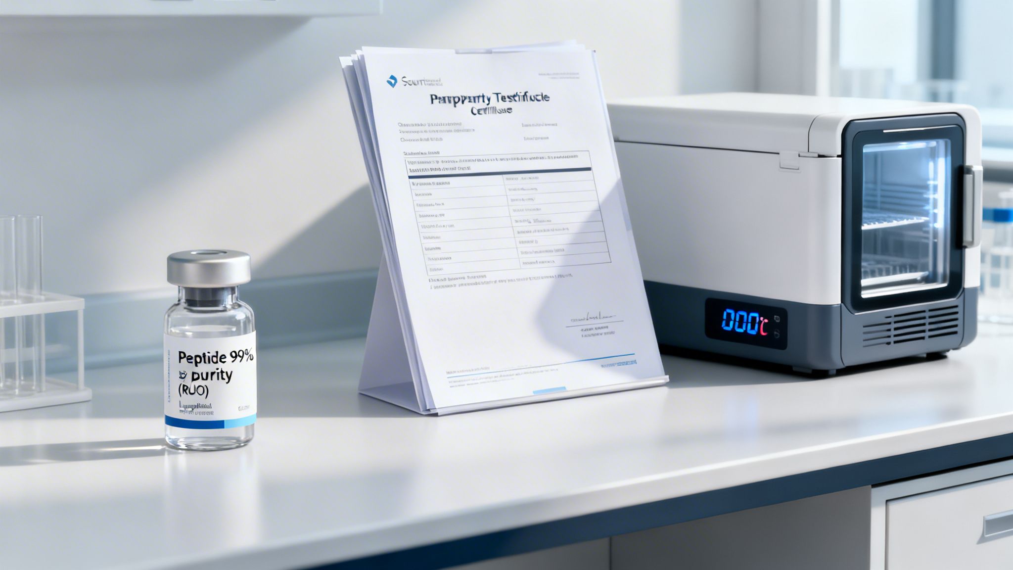 A lab bench with a peptide vial, a purity certificate, and a scientific cooler displaying 000°C.