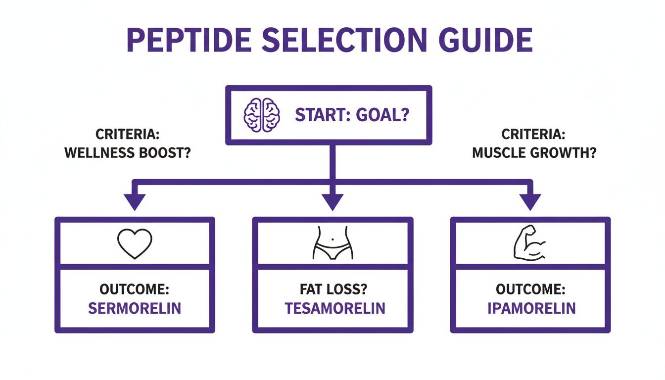 Flowchart for peptide selection: Sermorelin for wellness, Tesamorelin for fat loss, Ipamorelin for muscle growth.