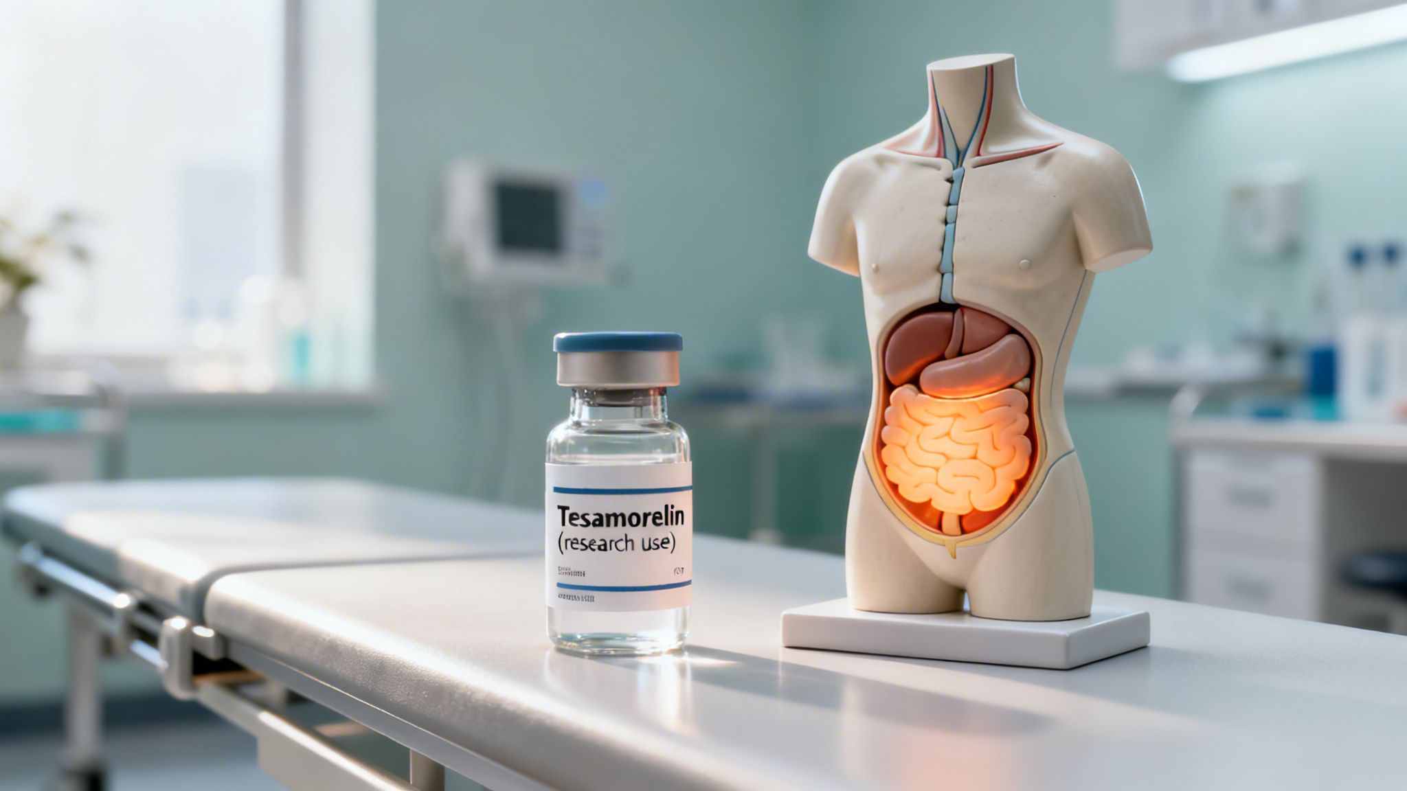 A Tesamorelin vial next to a glowing human torso anatomy model in a clinic.