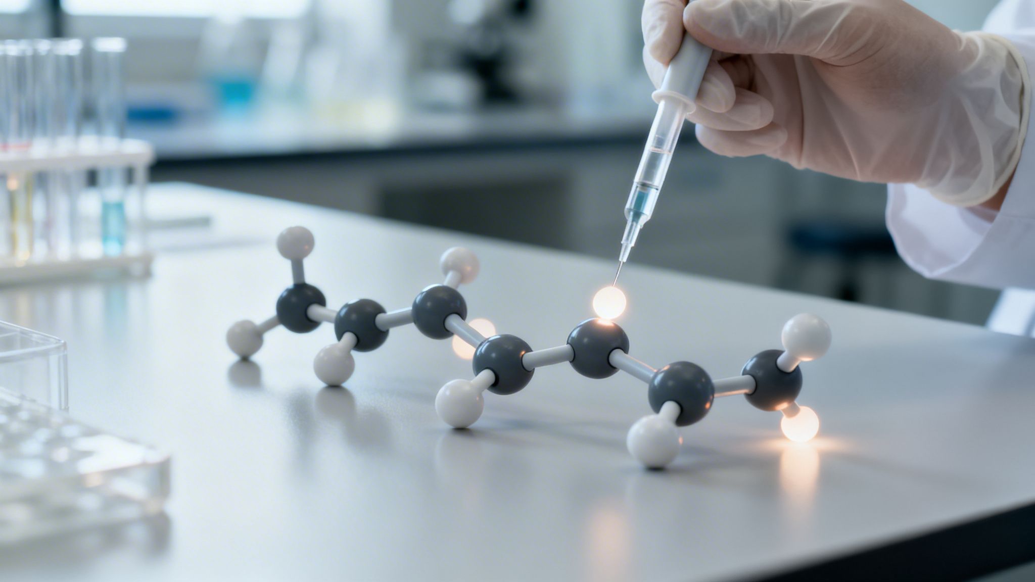 Gloved hand injects a glowing molecular model with a syringe in a science lab.
