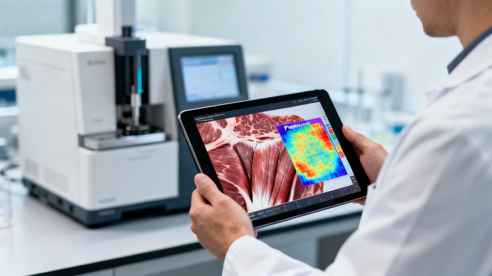 A scientist in a lab coat holds a tablet displaying muscle anatomy with a scientific heat map overlay.